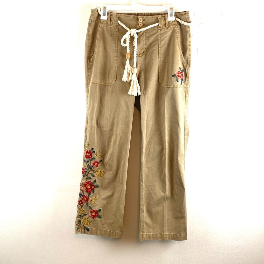 Sundance Pants Embroidered Khaki Flowy Boho Floral Coastal Lightweight US 8